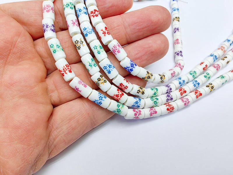 30 Floral Cylinder Porcelain Ceramic Bead Strand, 30 Pcs Full Strand, White Beads with Colorful Flower Print, 11x6mm Glossy Bead G37026