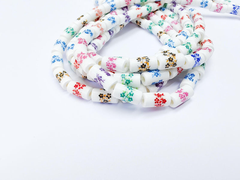30 Floral Cylinder Porcelain Ceramic Bead Strand, 30 Pcs Full Strand, White Beads with Colorful Flower Print, 11x6mm Glossy Bead G37026