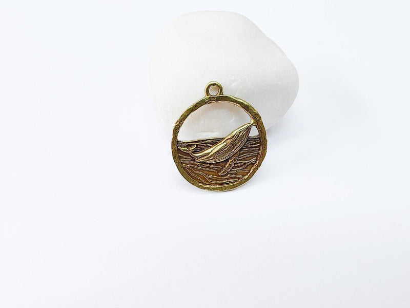 Whale Pendant, Ocean Wave Charm, Nautical Jewelry Findings, Marine Animal Jewelry Supply, Sea Pendant, Antique Bronze Plated 33x29mm G37015