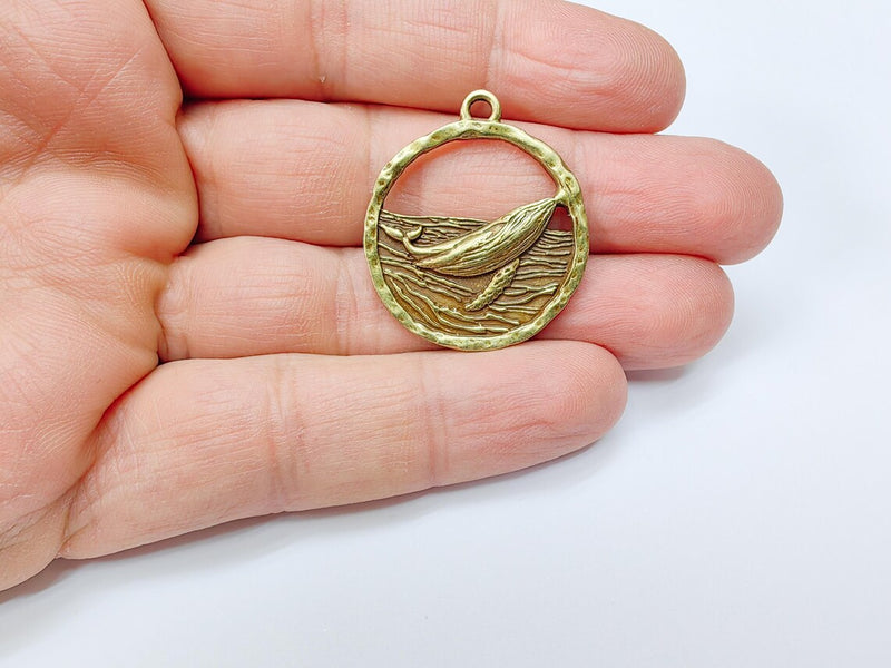 Whale Pendant, Ocean Wave Charm, Nautical Jewelry Findings, Marine Animal Jewelry Supply, Sea Pendant, Antique Bronze Plated 33x29mm G37015