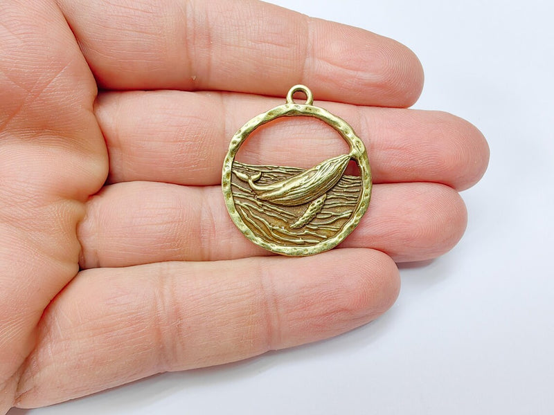 Whale Pendant, Ocean Wave Charm, Nautical Jewelry Findings, Marine Animal Jewelry Supply, Sea Pendant, Antique Bronze Plated 33x29mm G37015