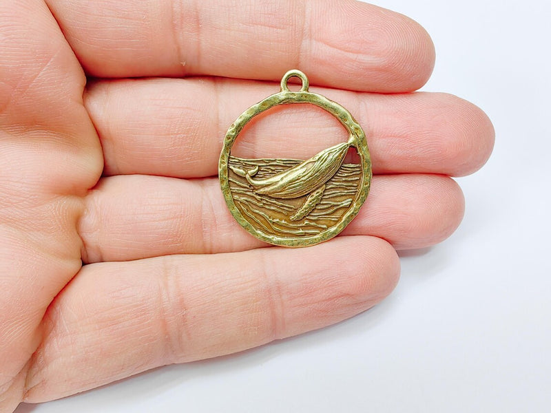 Whale Pendant, Ocean Wave Charm, Nautical Jewelry Findings, Marine Animal Jewelry Supply, Sea Pendant, Antique Bronze Plated 33x29mm G37015