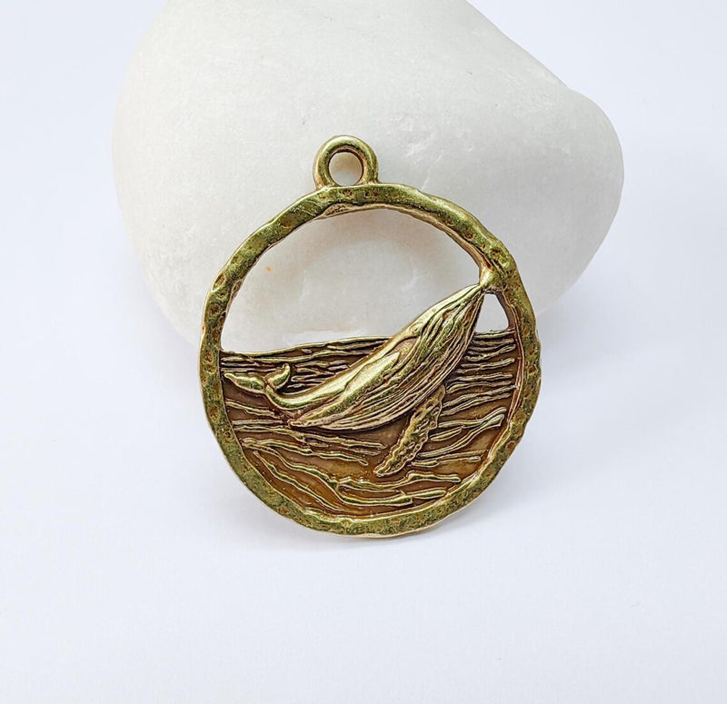 Whale Pendant, Ocean Wave Charm, Nautical Jewelry Findings, Marine Animal Jewelry Supply, Sea Pendant, Antique Bronze Plated 33x29mm G37015