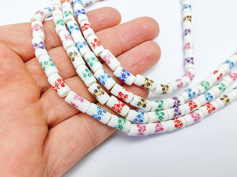 30 Floral Cylinder Porcelain Ceramic Bead Strand, 30 Pcs Full Strand, White Beads with Colorful Flower Print, 11x6mm Glossy Bead G37026