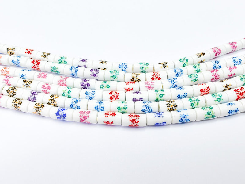 30 Floral Cylinder Porcelain Ceramic Bead Strand, 30 Pcs Full Strand, White Beads with Colorful Flower Print, 11x6mm Glossy Bead G37026