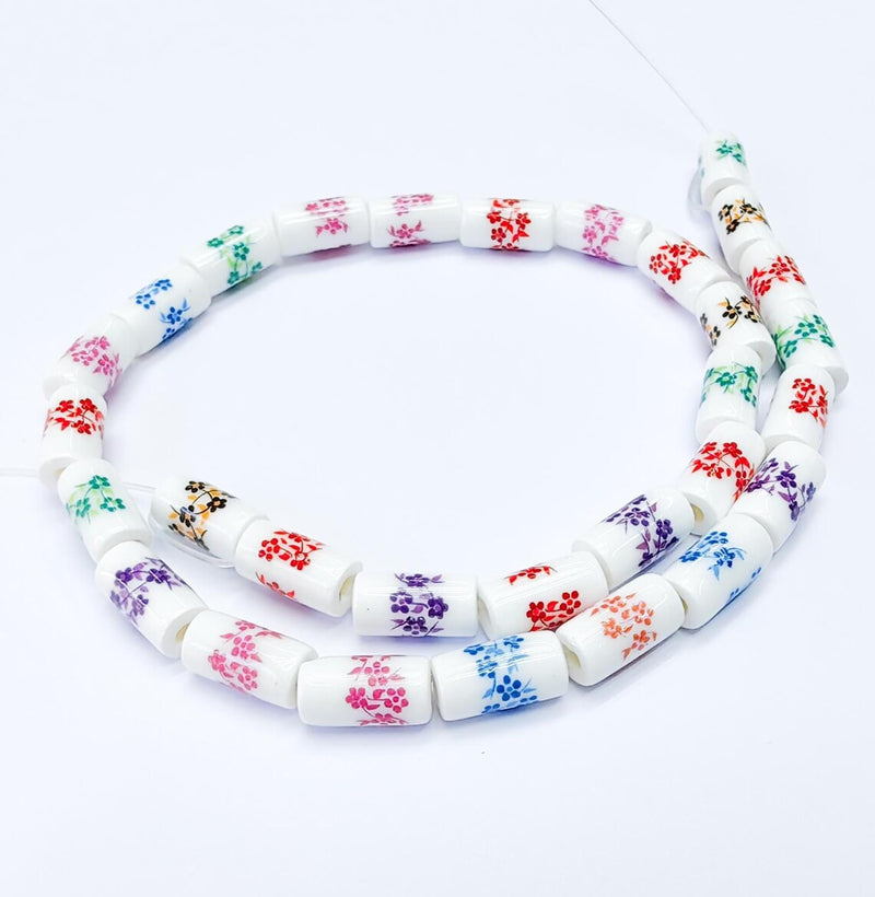30 Floral Cylinder Porcelain Ceramic Bead Strand, 30 Pcs Full Strand, White Beads with Colorful Flower Print, 11x6mm Glossy Bead G37026