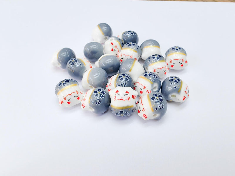 2 Porcelain Cat Bead, Gray White Ceramic Animal Beads, Cute Cat Beads, Flower Bead, DIY Jewelry Making, Kids Craft Supplies, 14x13mm G37087