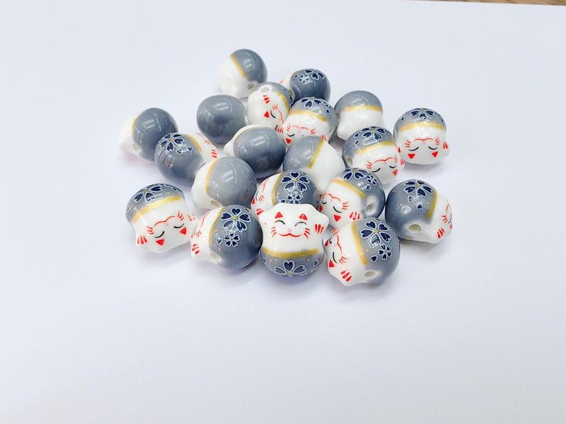 2 Porcelain Cat Bead, Gray White Ceramic Animal Beads, Cute Cat Beads, Flower Bead, DIY Jewelry Making, Kids Craft Supplies, 14x13mm G37087