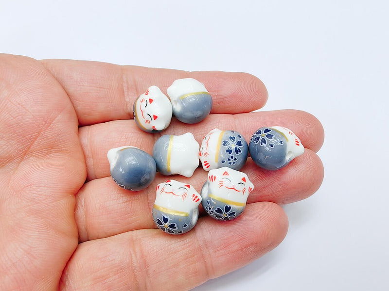2 Porcelain Cat Bead, Gray White Ceramic Animal Beads, Cute Cat Beads, Flower Bead, DIY Jewelry Making, Kids Craft Supplies, 14x13mm G37087