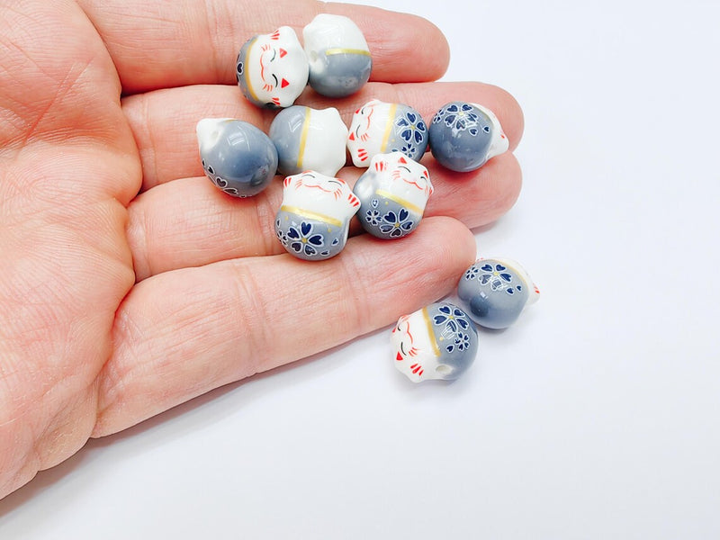 2 Porcelain Cat Bead, Gray White Ceramic Animal Beads, Cute Cat Beads, Flower Bead, DIY Jewelry Making, Kids Craft Supplies, 14x13mm G37087