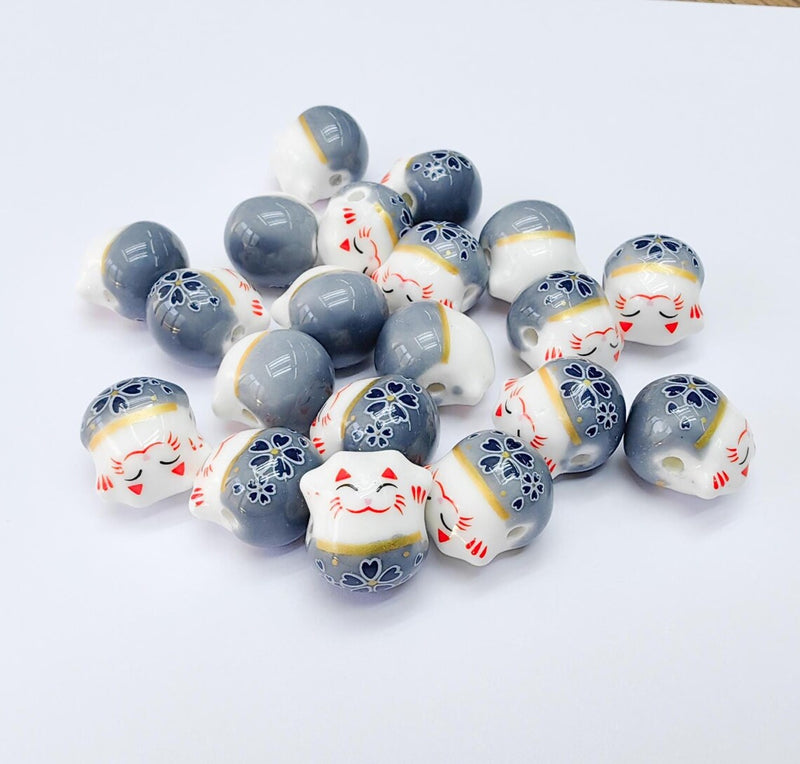 2 Porcelain Cat Bead, Gray White Ceramic Animal Beads, Cute Cat Beads, Flower Bead, DIY Jewelry Making, Kids Craft Supplies, 14x13mm G37087