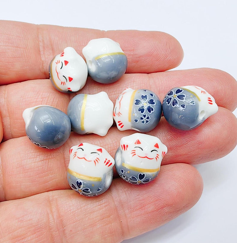 2 Porcelain Cat Bead, Gray White Ceramic Animal Beads, Cute Cat Beads, Flower Bead, DIY Jewelry Making, Kids Craft Supplies, 14x13mm G37087