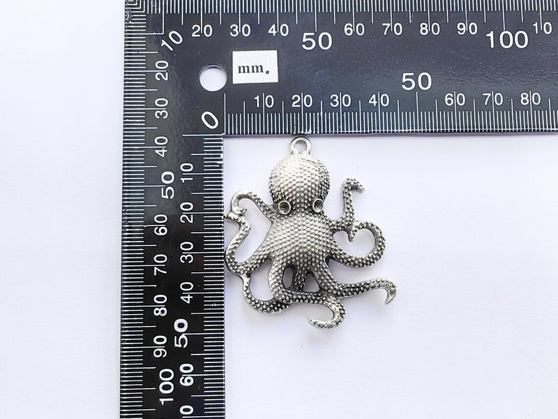 Octopus Pendant, Large Silver Sea Life Charm, Nautical Statement Jewelry, Steampunk Boho Ocean Pendant, Antique Silver Plated 48x42mm G37186