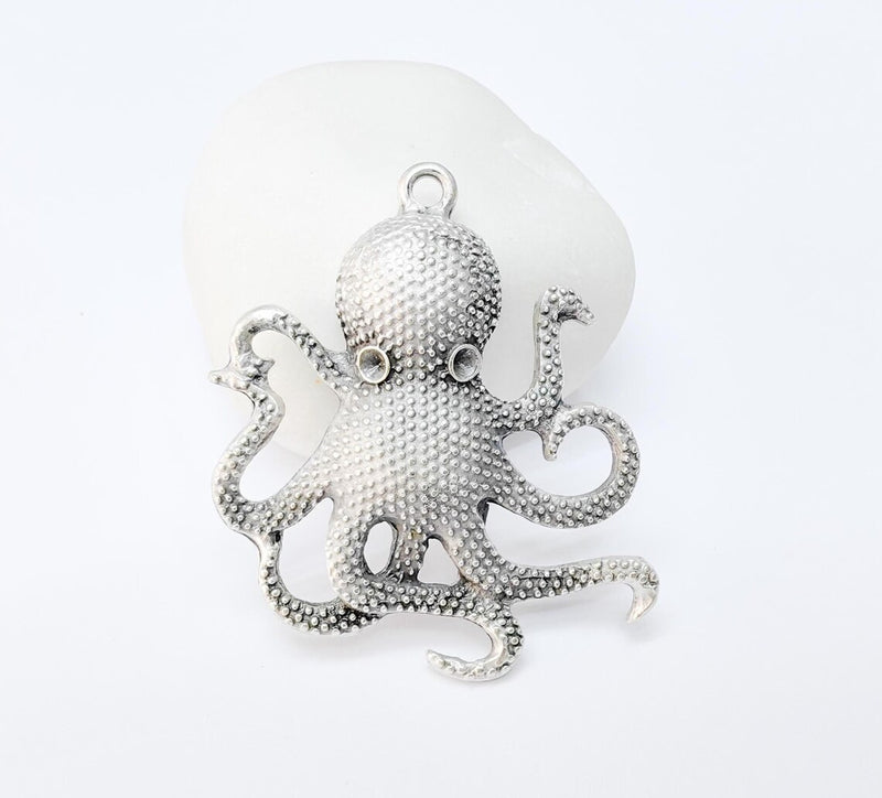 Octopus Pendant, Large Silver Sea Life Charm, Nautical Statement Jewelry, Steampunk Boho Ocean Pendant, Antique Silver Plated 48x42mm G37186