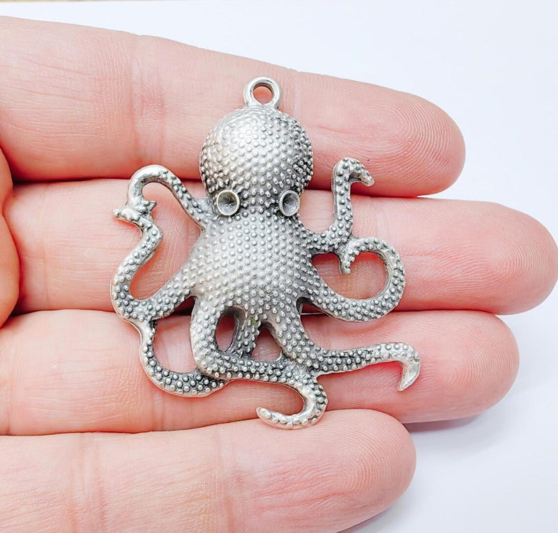 Octopus Pendant, Large Silver Sea Life Charm, Nautical Statement Jewelry, Steampunk Boho Ocean Pendant, Antique Silver Plated 48x42mm G37186