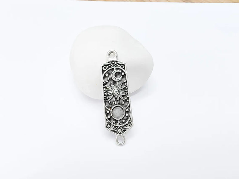 Celestial Star Connector, Moon and Sun, Cosmic Pendant, Earring Charms, Night Sky Boho Charms, Antique Silver Plated Zamac 49x14mm G37201