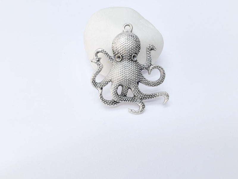 Octopus Pendant, Large Silver Sea Life Charm, Nautical Statement Jewelry, Steampunk Boho Ocean Pendant, Antique Silver Plated 48x42mm G37186