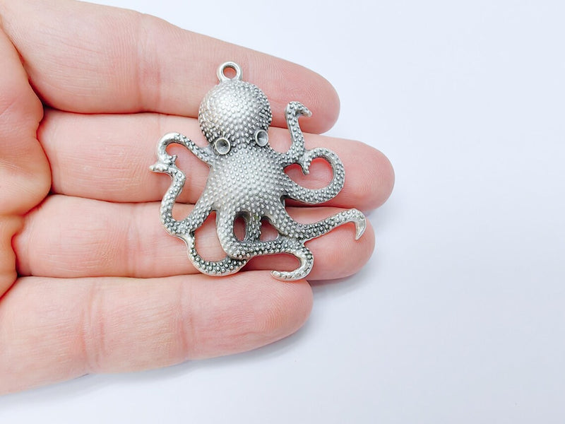 Octopus Pendant, Large Silver Sea Life Charm, Nautical Statement Jewelry, Steampunk Boho Ocean Pendant, Antique Silver Plated 48x42mm G37186