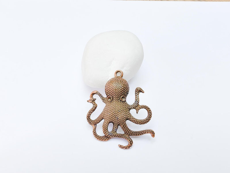 Octopus Pendant, Large Sea Life Charm, Nautical Statement Jewelry, Steampunk Boho Ocean Pendant, Antique Copper Plated 48x42mm G37205