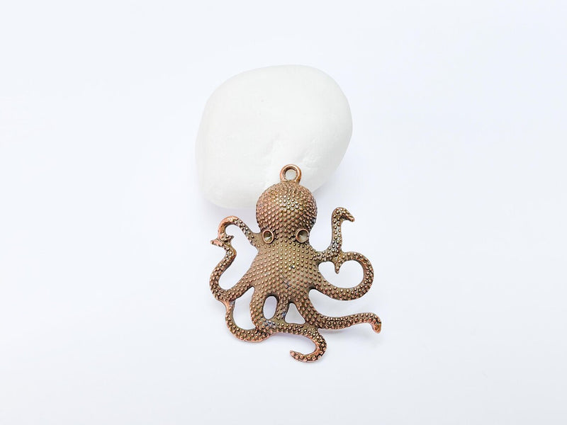 Octopus Pendant, Large Sea Life Charm, Nautical Statement Jewelry, Steampunk Boho Ocean Pendant, Antique Copper Plated 48x42mm G37205