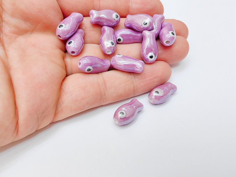 2 Porcelain Fish Beads, Ceramic Fish Beads, Purple Beads for Jewelry Making, Cute Fish Beads for DIY Crafts and Accessories 19x10mm G37229