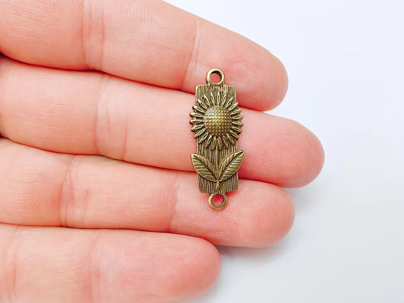 2 Sunflower Charm Connector, Floral Pendant, Herb Earring Charms, Sunflower Dangle Necklace Part, Antique Bronze Plated 32x12mm G37286
