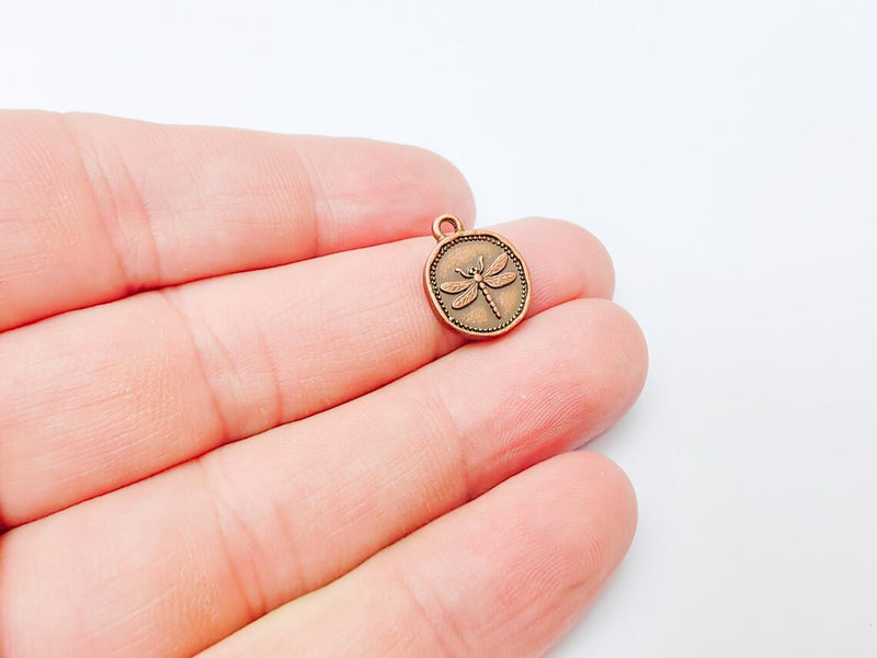 4 Dragonfly Pendant, Double Sided Charm, Insect Jewelry Supply, Nature Bracelet Charm, Earring Charm, Antique Copper Plated 16x12mm G37332