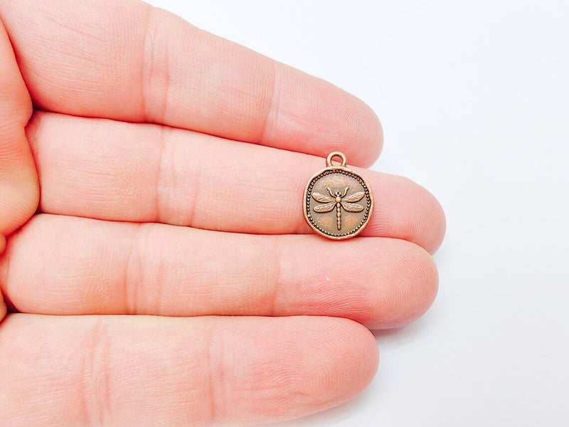 4 Dragonfly Pendant, Double Sided Charm, Insect Jewelry Supply, Nature Bracelet Charm, Earring Charm, Antique Copper Plated 16x12mm G37332