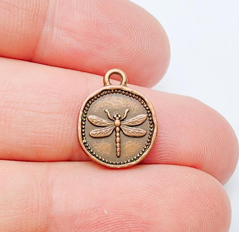 4 Dragonfly Pendant, Double Sided Charm, Insect Jewelry Supply, Nature Bracelet Charm, Earring Charm, Antique Copper Plated 16x12mm G37332