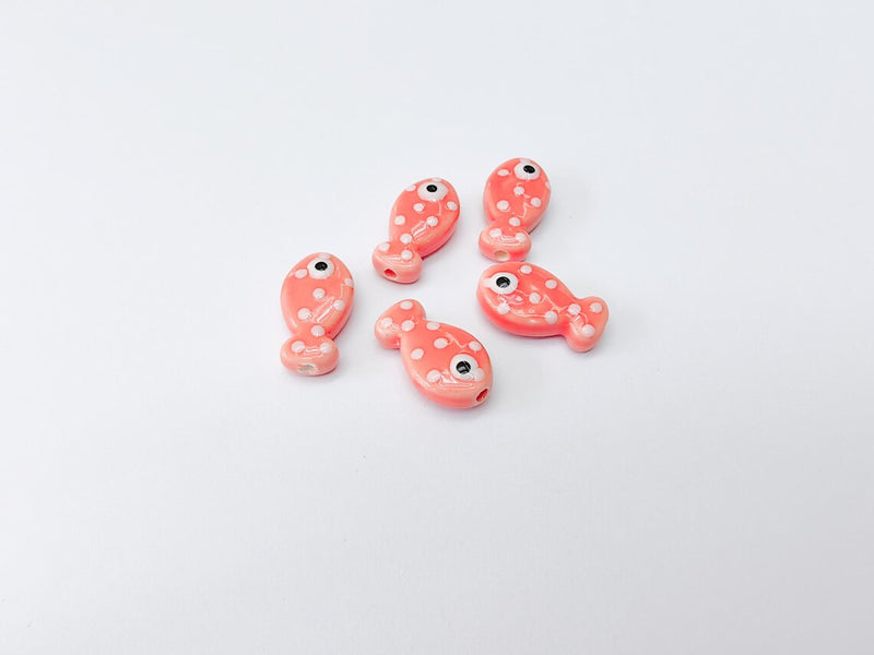 2 Porcelain Fish Beads, Pink with White Dots, Ceramic Animal Beads, Flat Back, Cute Fish Charms, Jewelry Making Supplies 19x10mm G37319