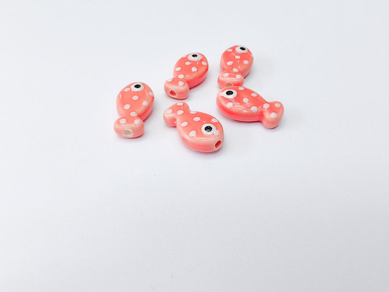 2 Porcelain Fish Beads, Pink with White Dots, Ceramic Animal Beads, Flat Back, Cute Fish Charms, Jewelry Making Supplies 19x10mm G37319