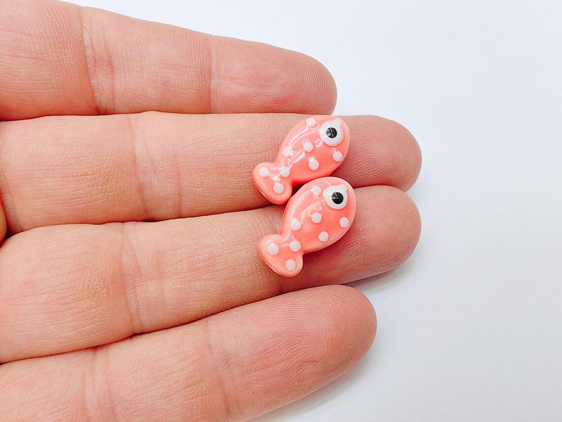 2 Porcelain Fish Beads, Pink with White Dots, Ceramic Animal Beads, Flat Back, Cute Fish Charms, Jewelry Making Supplies 19x10mm G37319