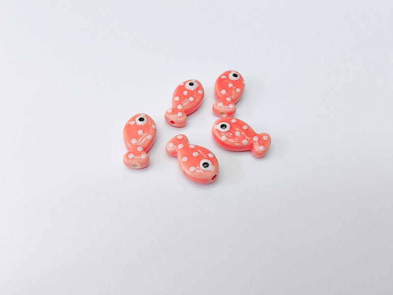 2 Porcelain Fish Beads, Pink with White Dots, Ceramic Animal Beads, Flat Back, Cute Fish Charms, Jewelry Making Supplies 19x10mm G37319