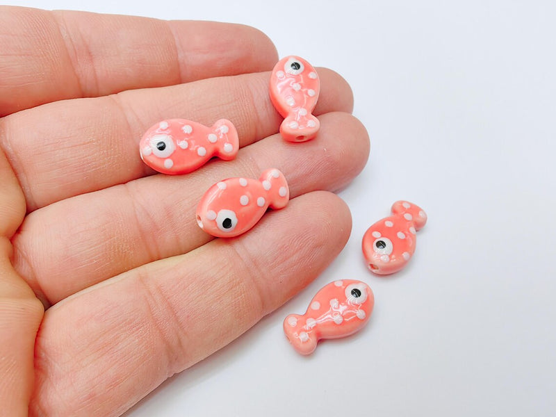 2 Porcelain Fish Beads, Pink with White Dots, Ceramic Animal Beads, Flat Back, Cute Fish Charms, Jewelry Making Supplies 19x10mm G37319