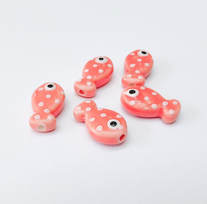 2 Porcelain Fish Beads, Pink with White Dots, Ceramic Animal Beads, Flat Back, Cute Fish Charms, Jewelry Making Supplies 19x10mm G37319