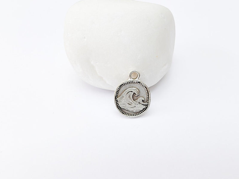 4 Ocean Wave Pendant, Wave Charm, Bracelet Charm, Earring Charm, Sea Symbol, Boho Beach, Surf Charm, Antique Silver Plated 16x13mm G37325