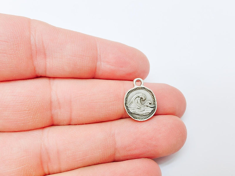 4 Ocean Wave Pendant, Wave Charm, Bracelet Charm, Earring Charm, Sea Symbol, Boho Beach, Surf Charm, Antique Silver Plated 16x13mm G37325