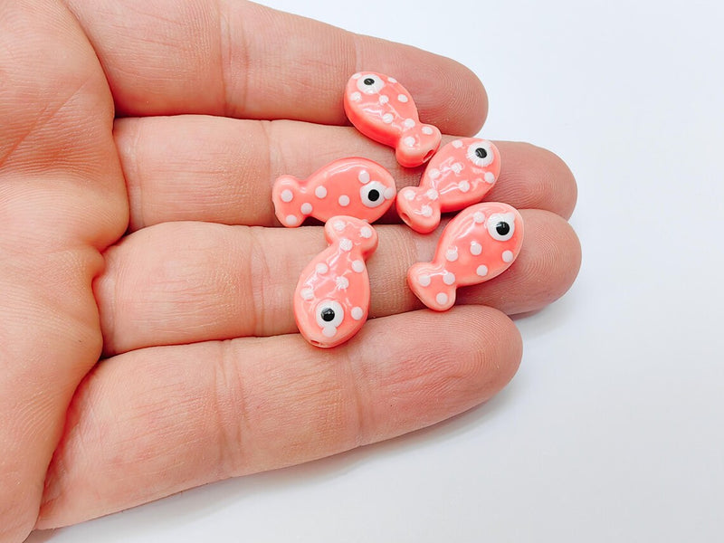 2 Porcelain Fish Beads, Pink with White Dots, Ceramic Animal Beads, Flat Back, Cute Fish Charms, Jewelry Making Supplies 19x10mm G37319