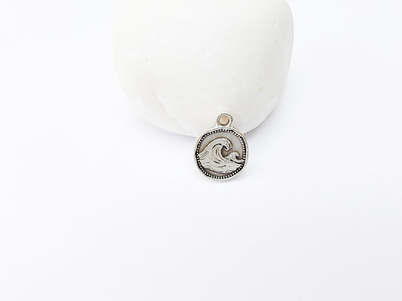 4 Ocean Wave Pendant, Wave Charm, Bracelet Charm, Earring Charm, Sea Symbol, Boho Beach, Surf Charm, Antique Silver Plated 16x13mm G37325