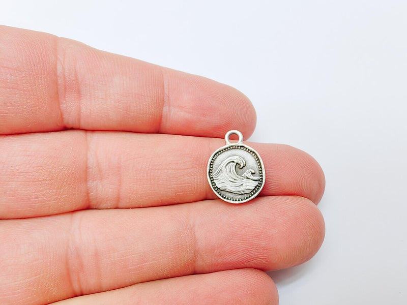 4 Ocean Wave Pendant, Wave Charm, Bracelet Charm, Earring Charm, Sea Symbol, Boho Beach, Surf Charm, Antique Silver Plated 16x13mm G37325