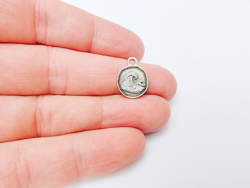 4 Ocean Wave Pendant, Wave Charm, Bracelet Charm, Earring Charm, Sea Symbol, Boho Beach, Surf Charm, Antique Silver Plated 16x13mm G37325