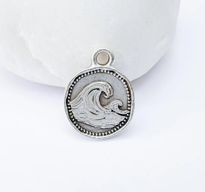 4 Ocean Wave Pendant, Wave Charm, Bracelet Charm, Earring Charm, Sea Symbol, Boho Beach, Surf Charm, Antique Silver Plated 16x13mm G37325
