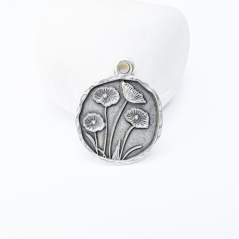 Poppy Flower Charm, Round Floral Pendant, Antique Silver Plated, Jewelry Making Supplies 28x23mm G37334
