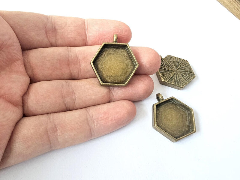 Hexagonal Pendant Blanks, Resin Bezel Bases, Mosaic Mountings, Dry flower Frame, Polymer Clay base, Antique Bronze Plated (20mm) G37331