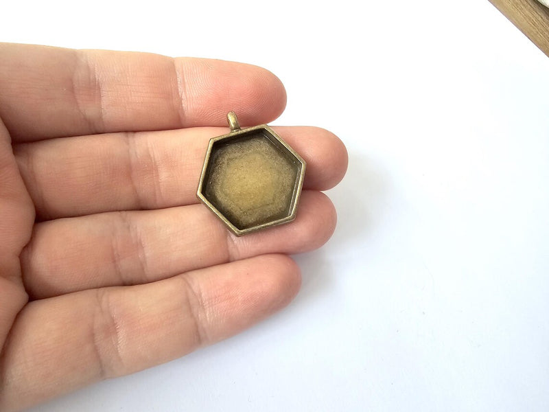 Hexagonal Pendant Blanks, Resin Bezel Bases, Mosaic Mountings, Dry flower Frame, Polymer Clay base, Antique Bronze Plated (20mm) G37331