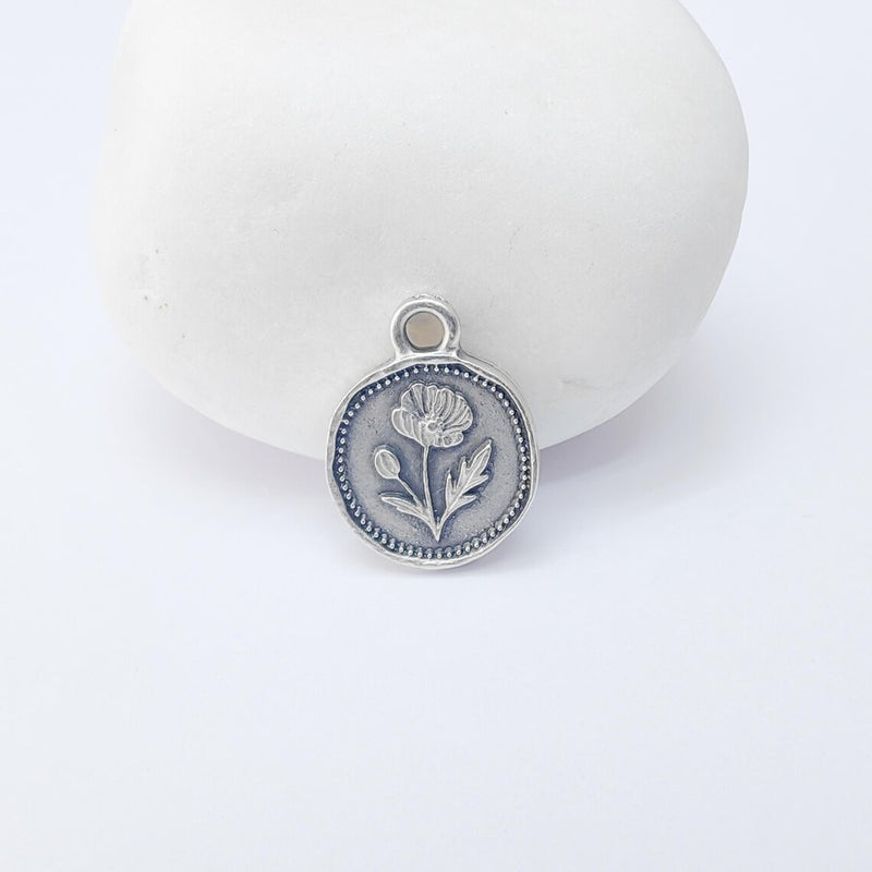 4 Poppy Flower Charm, Double Sided Flower Pendant, Boho Jewelry Making Supplies, Antique Silver Plated, 16x12mm G37353