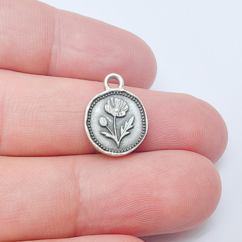 4 Poppy Flower Charm, Double Sided Flower Pendant, Boho Jewelry Making Supplies, Antique Silver Plated, 16x12mm G37353
