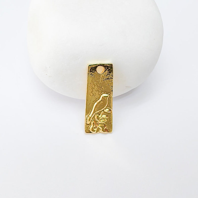 2 Bird Charm, Rectangle Raven Pendant, Boho Jewelry Making Supplies, 24k Shiny Gold, 23x9mm G37354