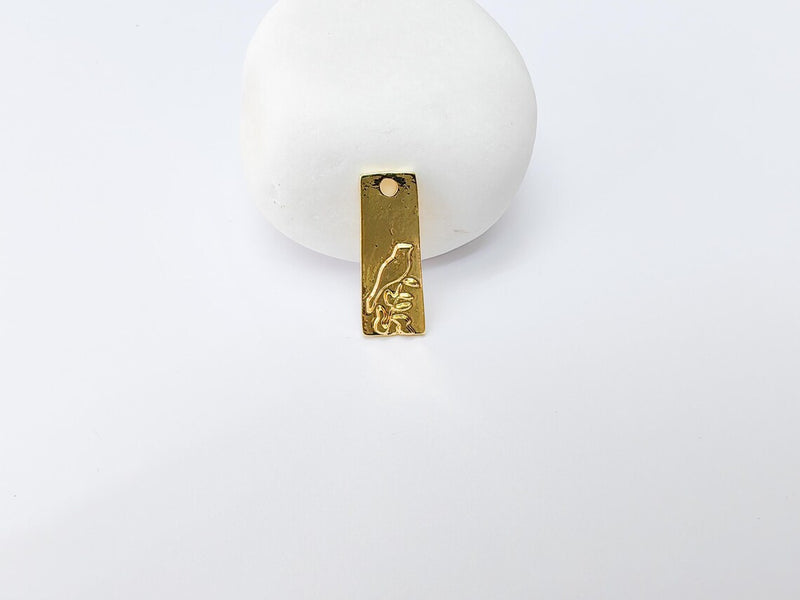 2 Bird Charm, Rectangle Raven Pendant, Boho Jewelry Making Supplies, 24k Shiny Gold, 23x9mm G37354