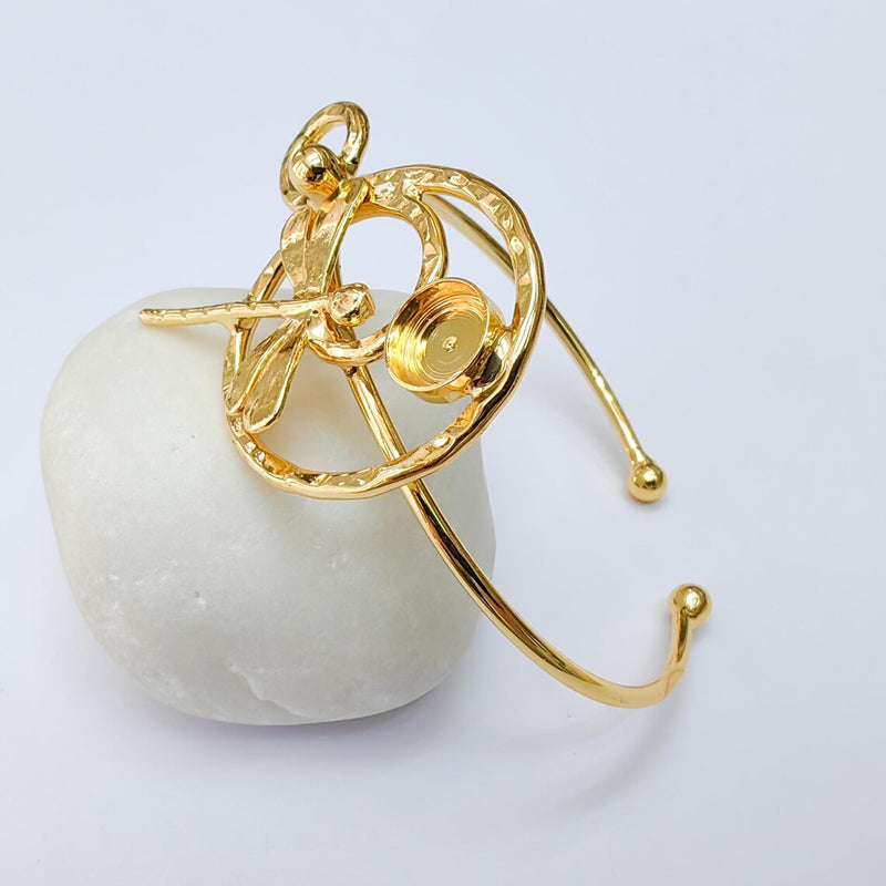 Dragonfly Bracelet Bezel, Adjustable Cuff Bangle, Boho Jewelry Making Supplies, Shiny Gold Brass, 8mm G37355